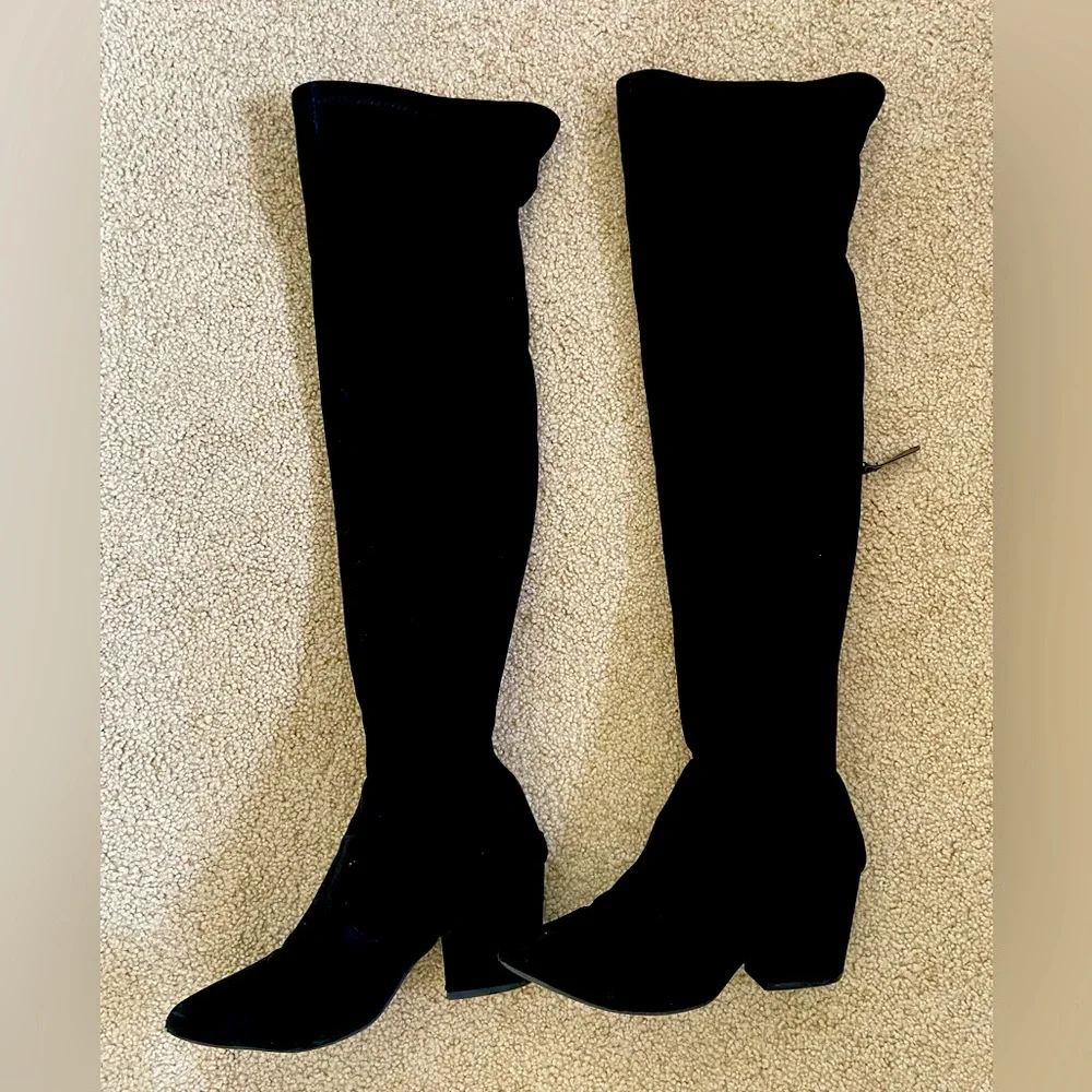 Black Faux Suede Over The Knee OTK Block Heel Boots Size 6.5 Thigh High Tall